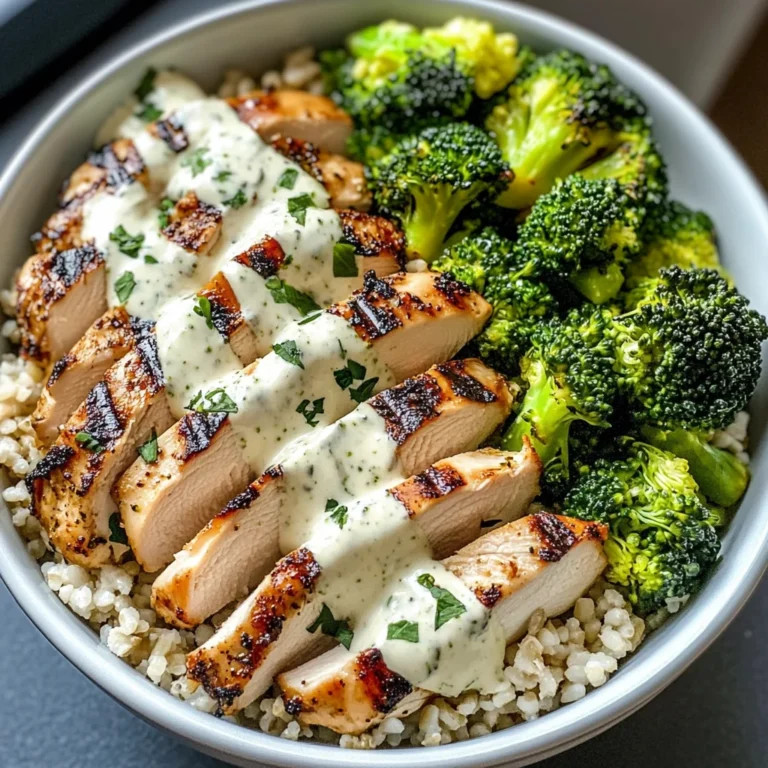 Grilled Chicken & Broccoli Bowls with Creamy Garlic Sauce