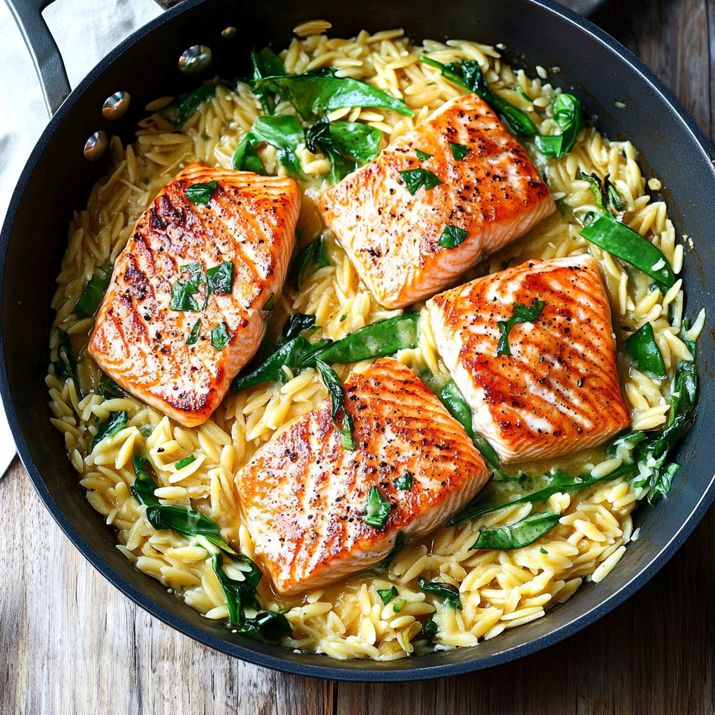 One Skillet Salmon with Lemon Orzo